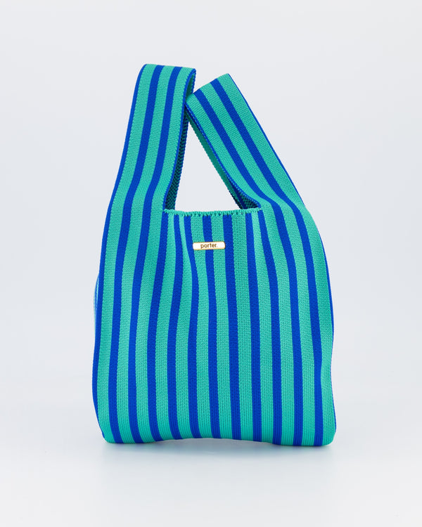 Green & Navy Thin Vertical Stripe Mini Shopper