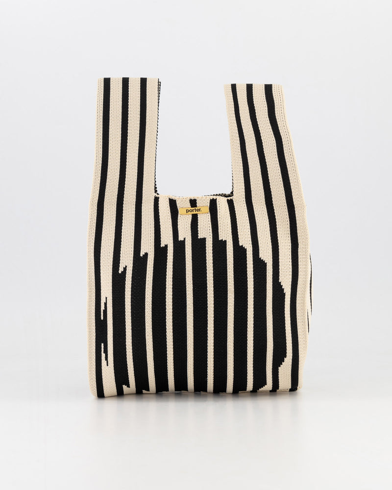 Stone & Black Thin Stripe with Circle Detail Mini Shopper