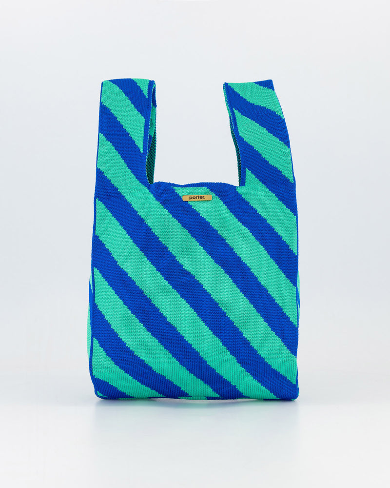 Torquoise & Navy Diagonal Stripe Mini Shopper