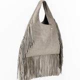 Sky Grey Suede Fringe Leather Hobo